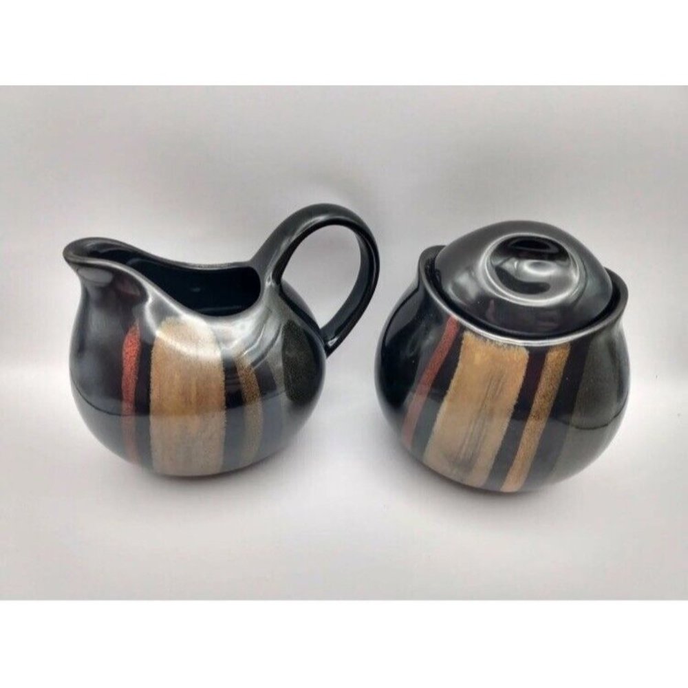 Sango Avanti Black #4721 Creamer‎ & Sugar Bowl with Lid Ceramic Pottery Set NWOT